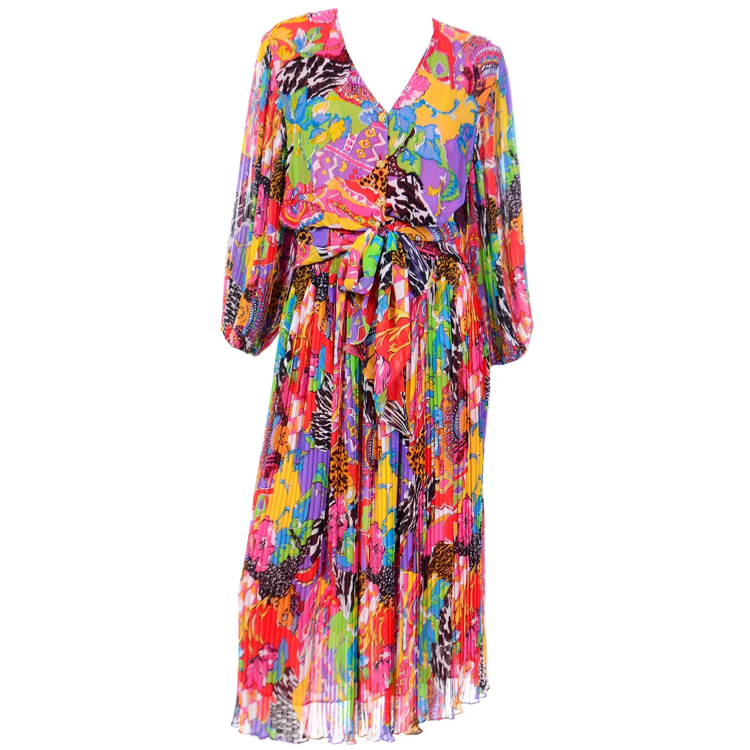 1980s Diane Freis Colorful Multi Print Beaded Sequin 2 Pc Dress