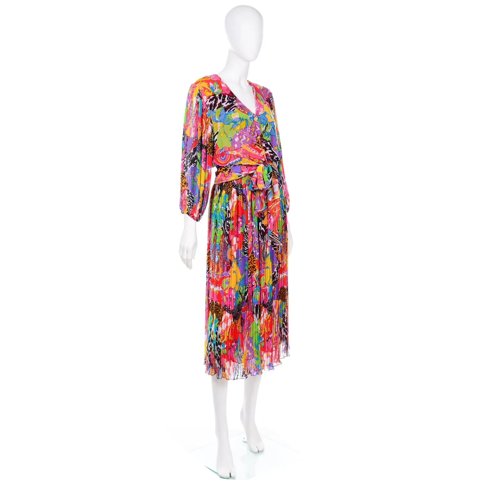 1980s Diane Freis Colorful Multi Print Beaded Sequin 2 Pc Dress