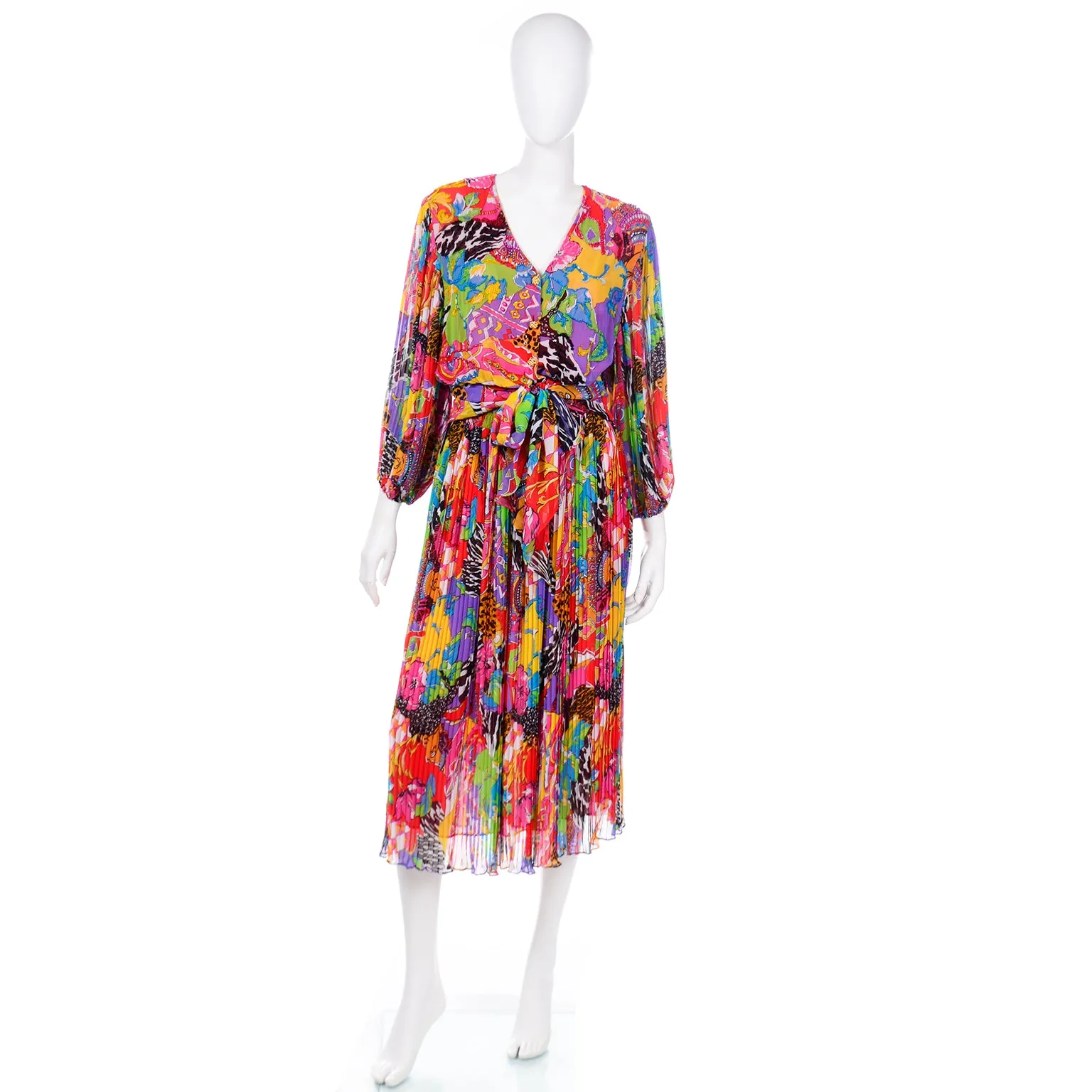 1980s Diane Freis Colorful Multi Print Beaded Sequin 2 Pc Dress