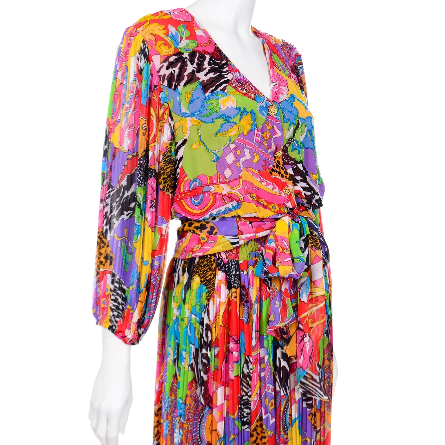 1980s Diane Freis Colorful Multi Print Beaded Sequin 2 Pc Dress