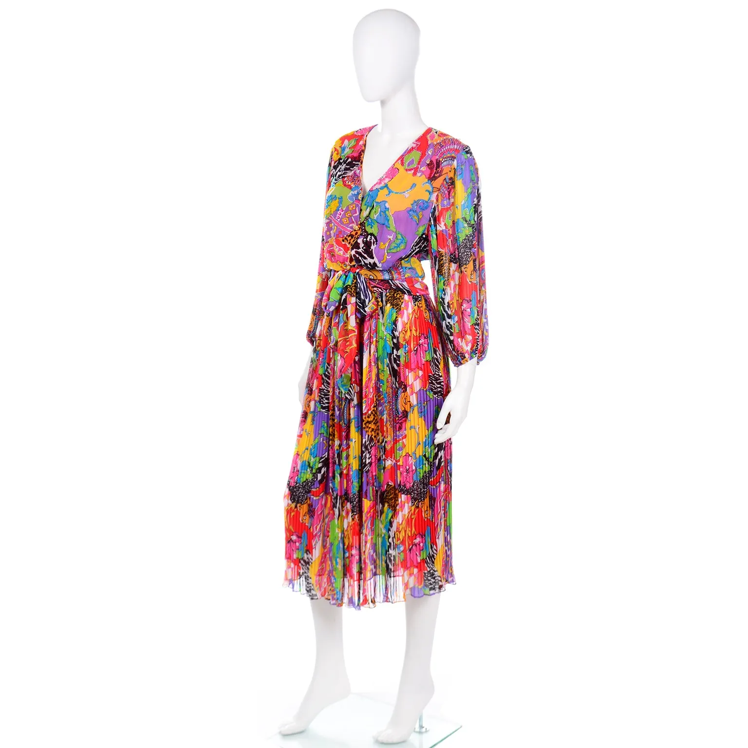 1980s Diane Freis Colorful Multi Print Beaded Sequin 2 Pc Dress