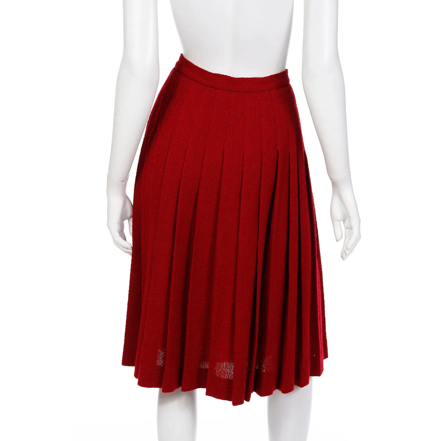 1990s Yves Saint Laurent Burgundy Red Boucle Wool Pleated Skirt