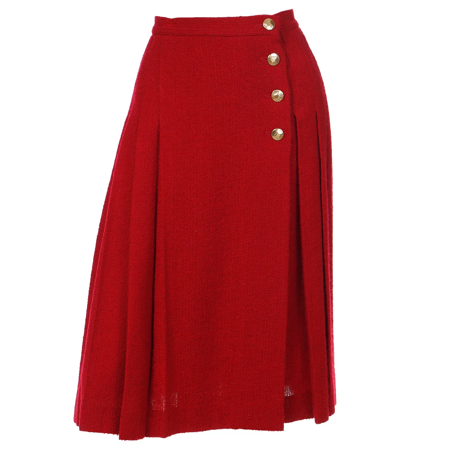 1990s Yves Saint Laurent Burgundy Red Boucle Wool Pleated Skirt