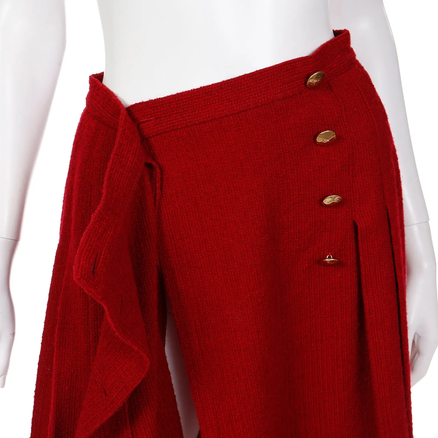 1990s Yves Saint Laurent Burgundy Red Boucle Wool Pleated Skirt