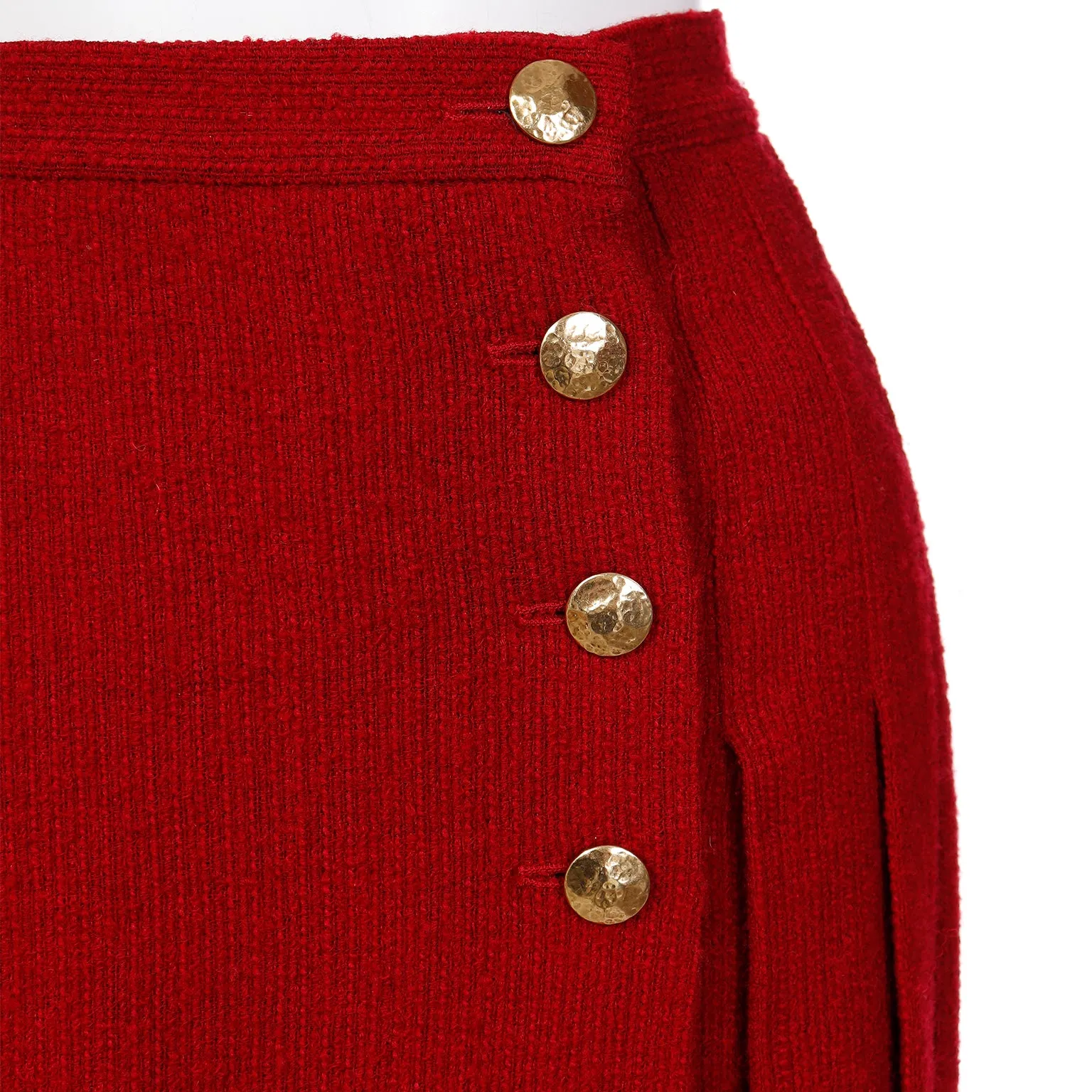 1990s Yves Saint Laurent Burgundy Red Boucle Wool Pleated Skirt