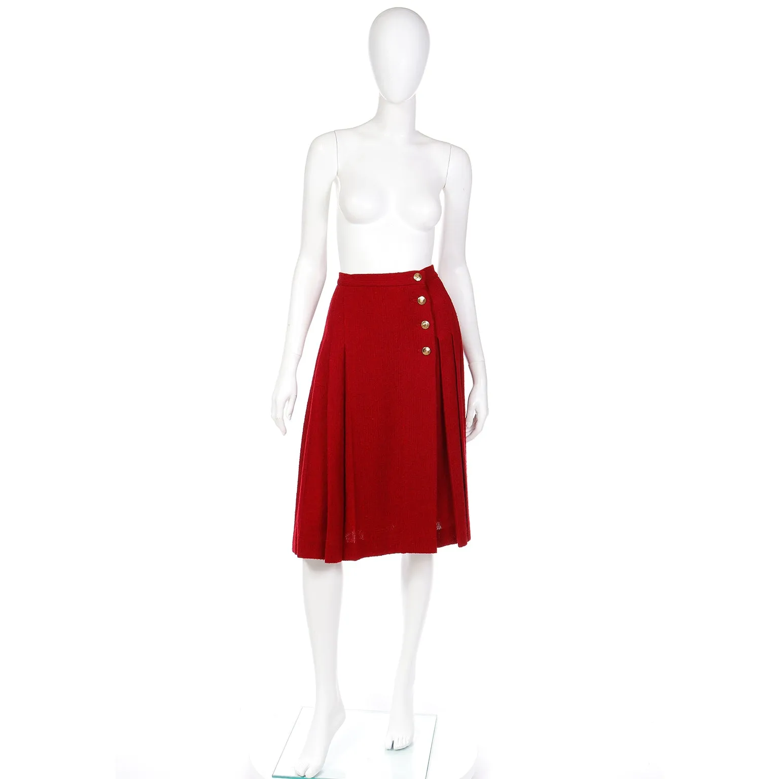 1990s Yves Saint Laurent Burgundy Red Boucle Wool Pleated Skirt