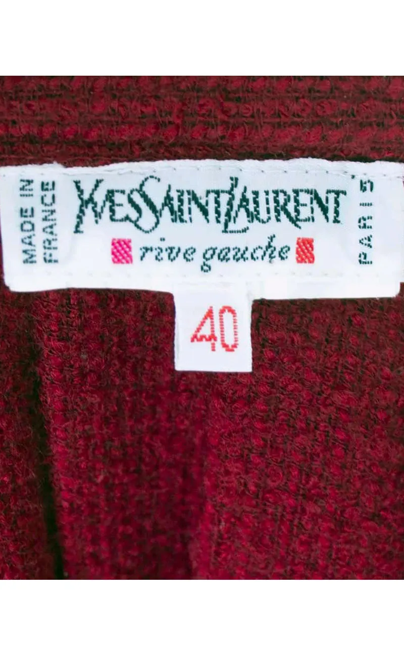 1990s Yves Saint Laurent Burgundy Red Boucle Wool Pleated Skirt