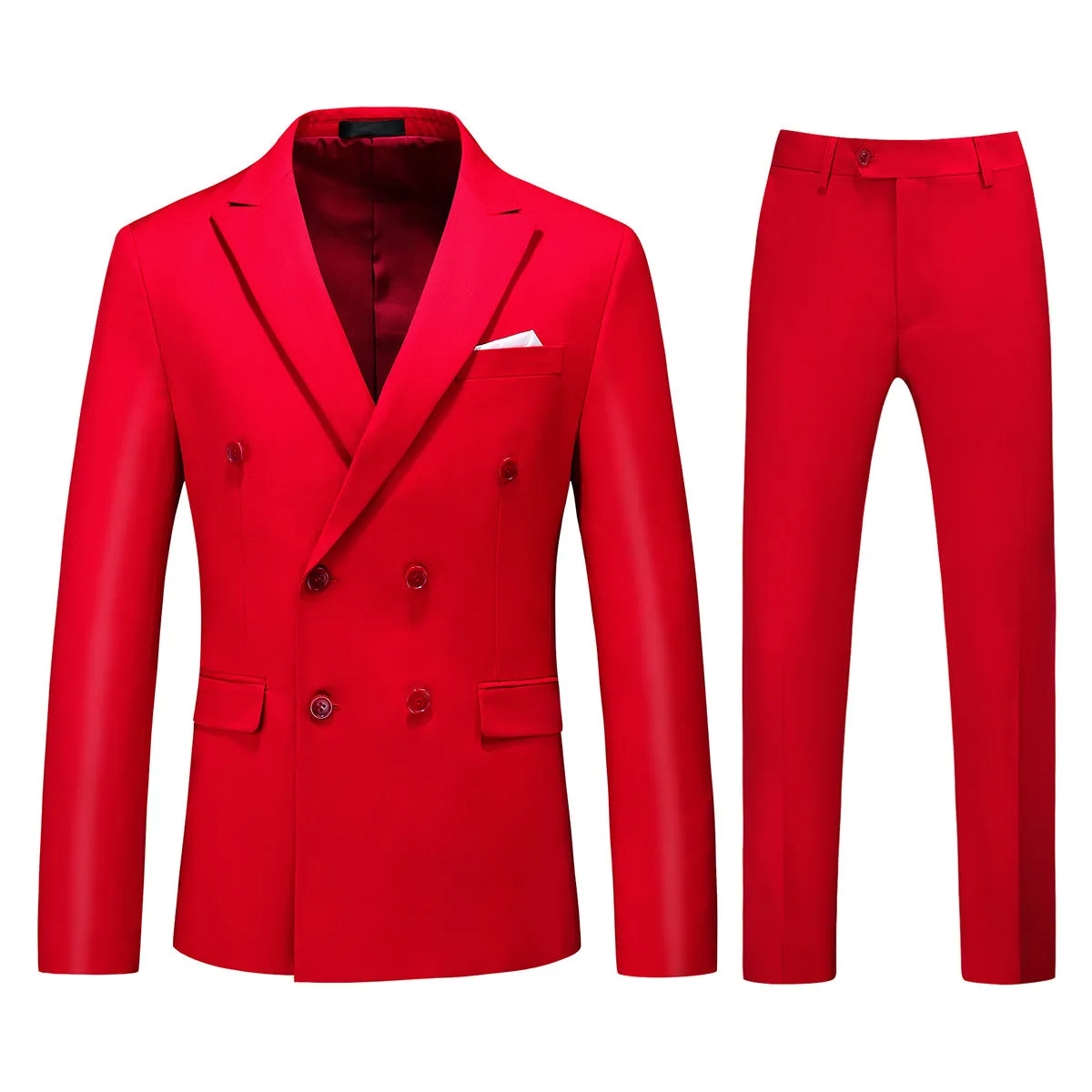 2-Piece Double Breasted Solid Color Red Suit