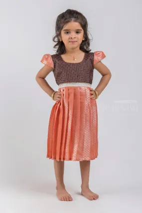 Adorable Checked Pattern Dark Brown Yoke and Knife Pleated Zari With Geometrical Designer Orange Silk Frock for Girls