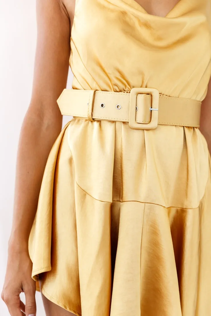 Agent 99 Belted Satin Cowl Neck Dress Mustard