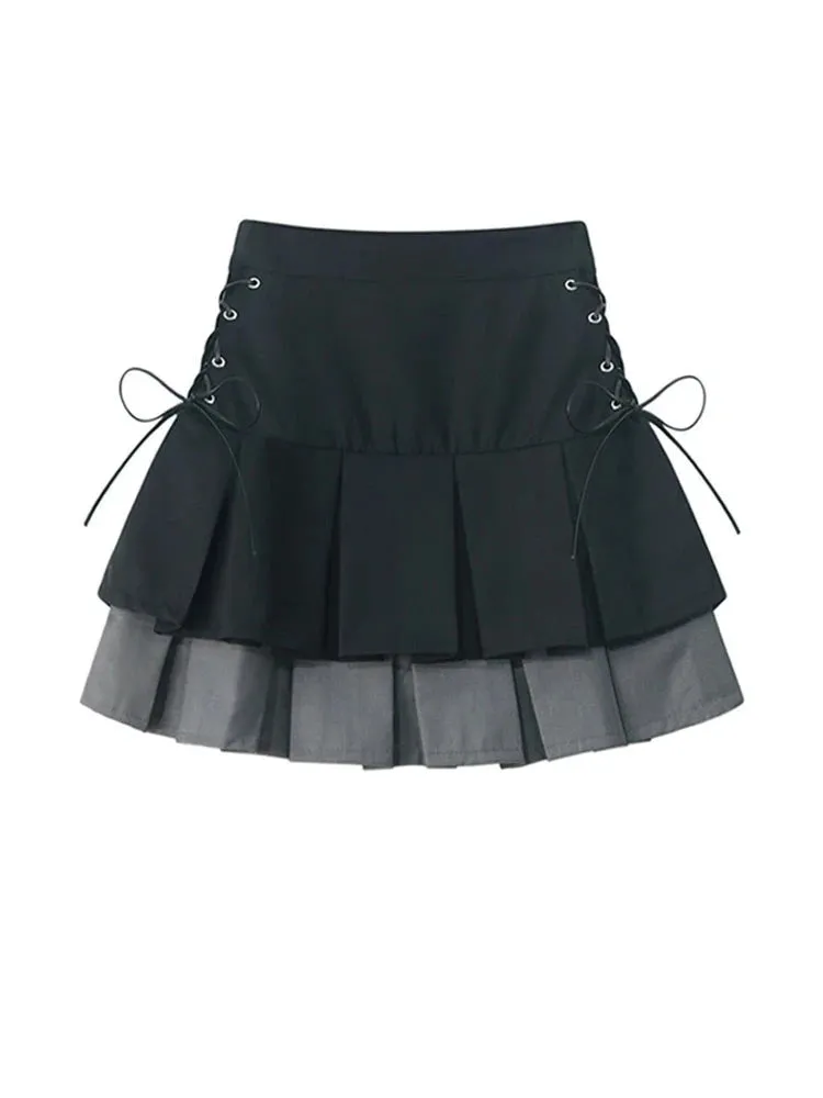 Aiertu Women's Pleated Skirt Kawaii Gothic Black Mini Skirt Korean High Waist Y2k Harajuku Vintage Bandage A-line Skirt Clothes Summer