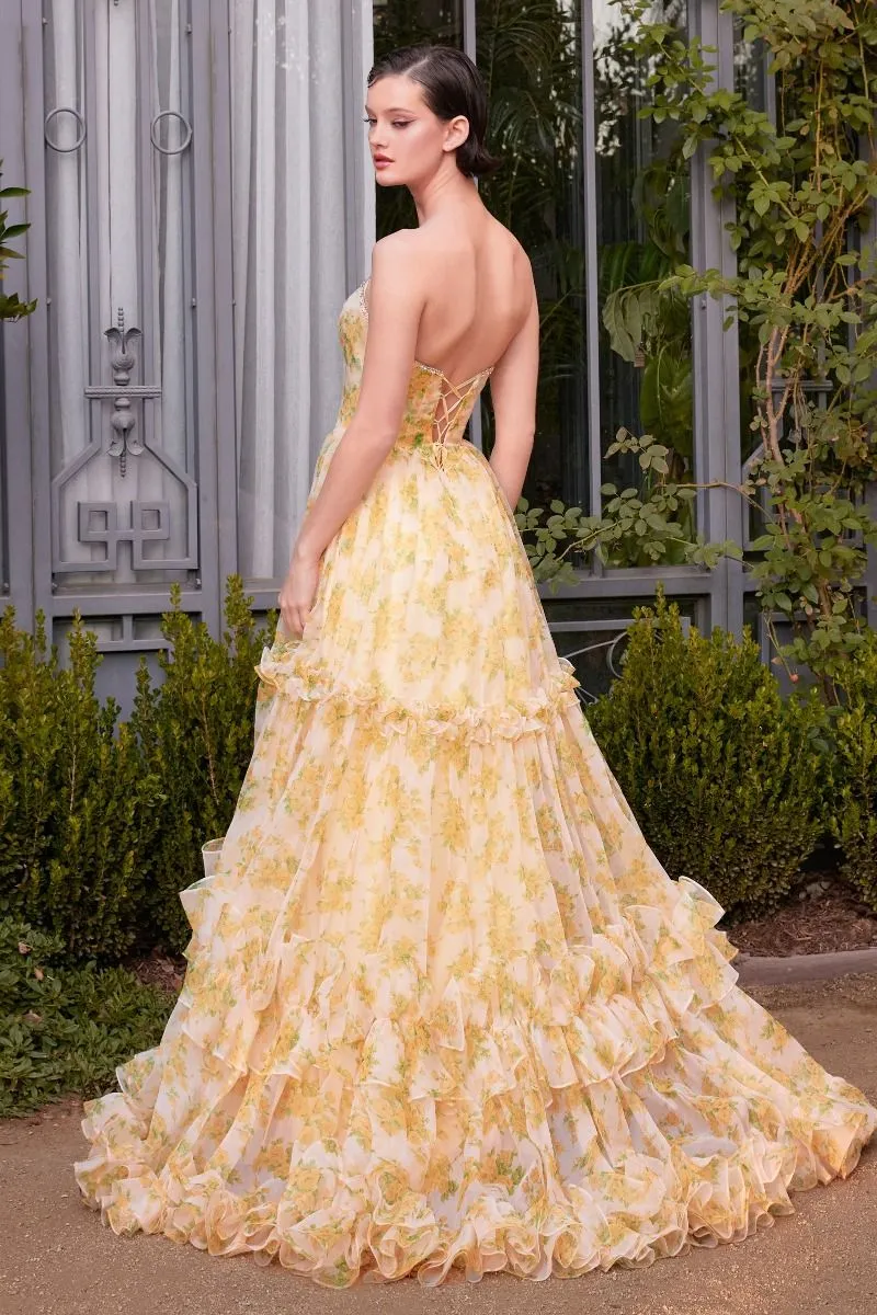 Andrea & Leo Couture A1430 Size 8 Yellow Ruffle A Line Puff Sleeve Dress Slit Pleated Layer Ballgown