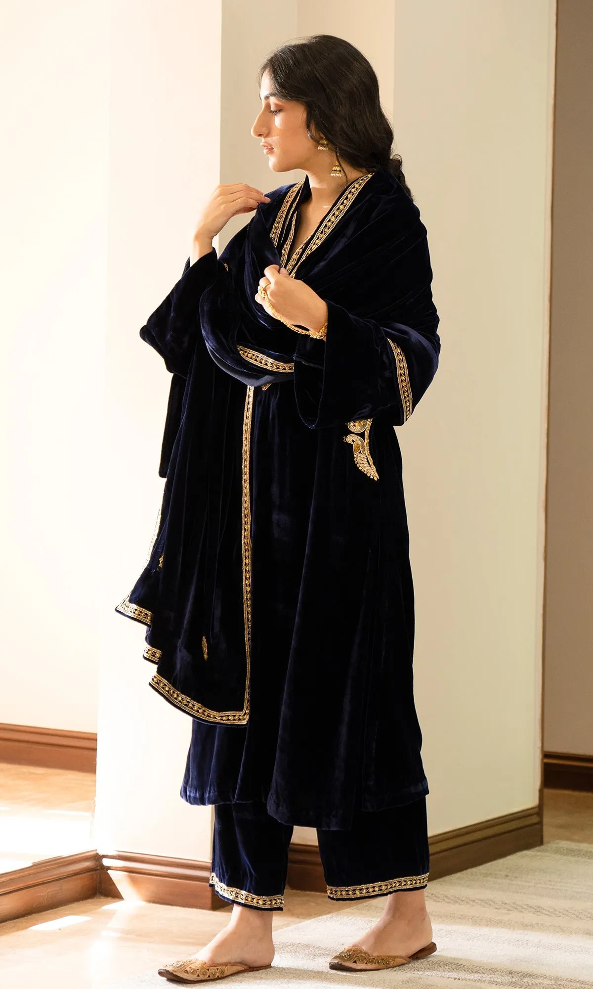 Bareen Embroidered  - Silk Velvet Blue Shawl