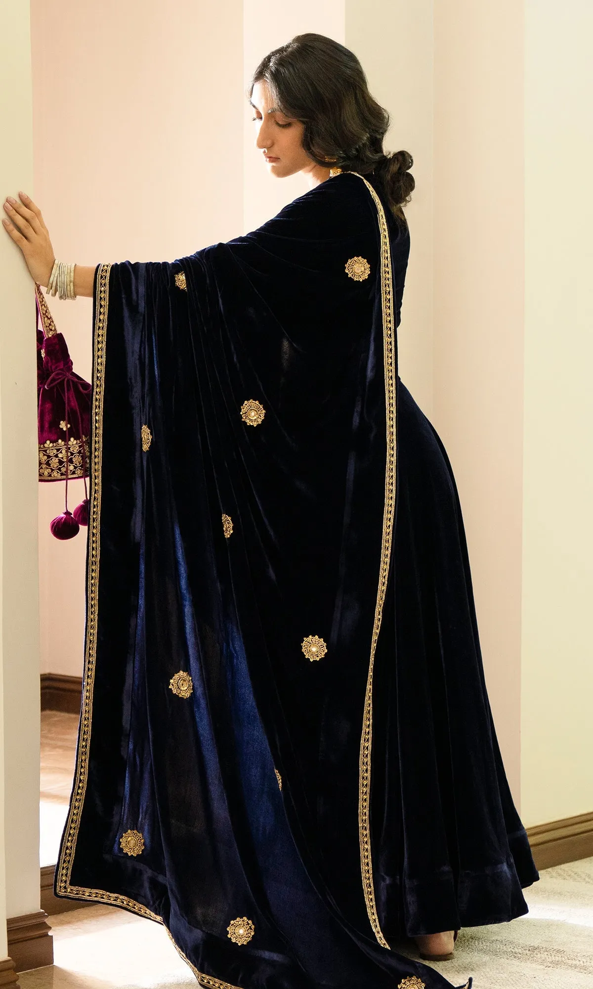 Bareen Embroidered  - Silk Velvet Blue Shawl