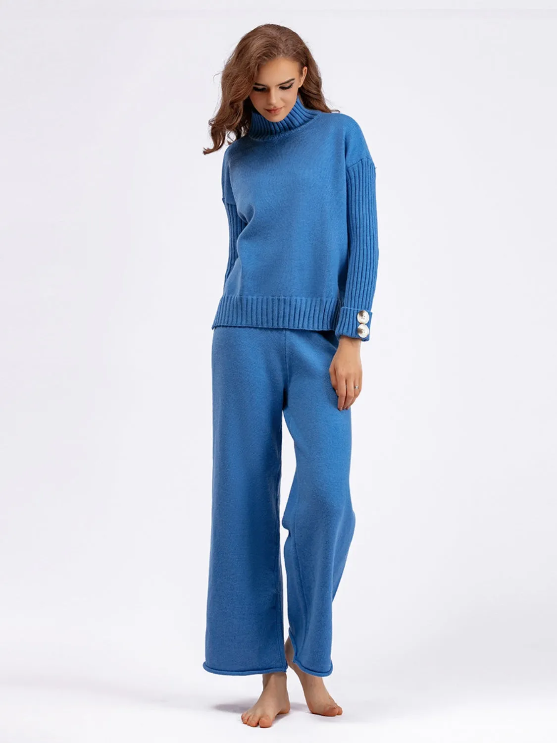 Basic Bae High- Low Turtleneck Long Sleeve Top and Pants Sweater Set