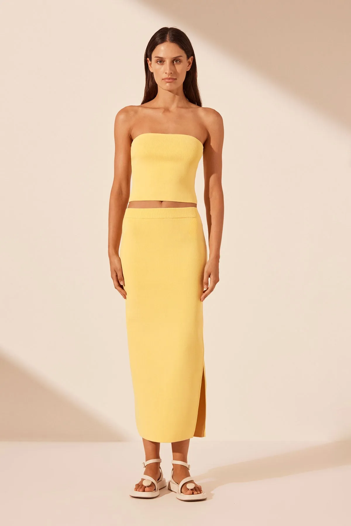 BASIC MIDI SKIRT WITH SPLIT - LEMON