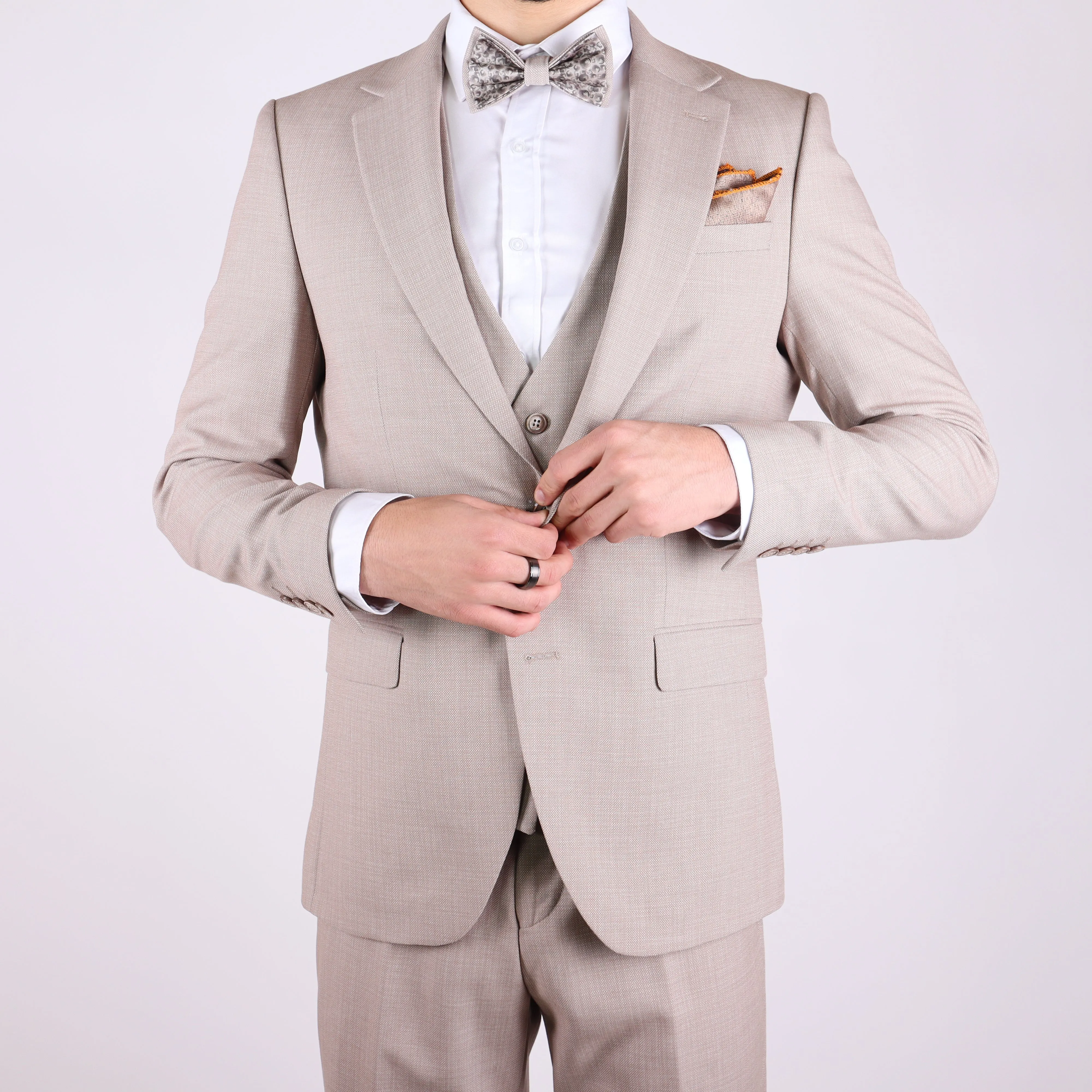 Beige Avanti Milano Patterned Notch Lapel Three Piece Suit