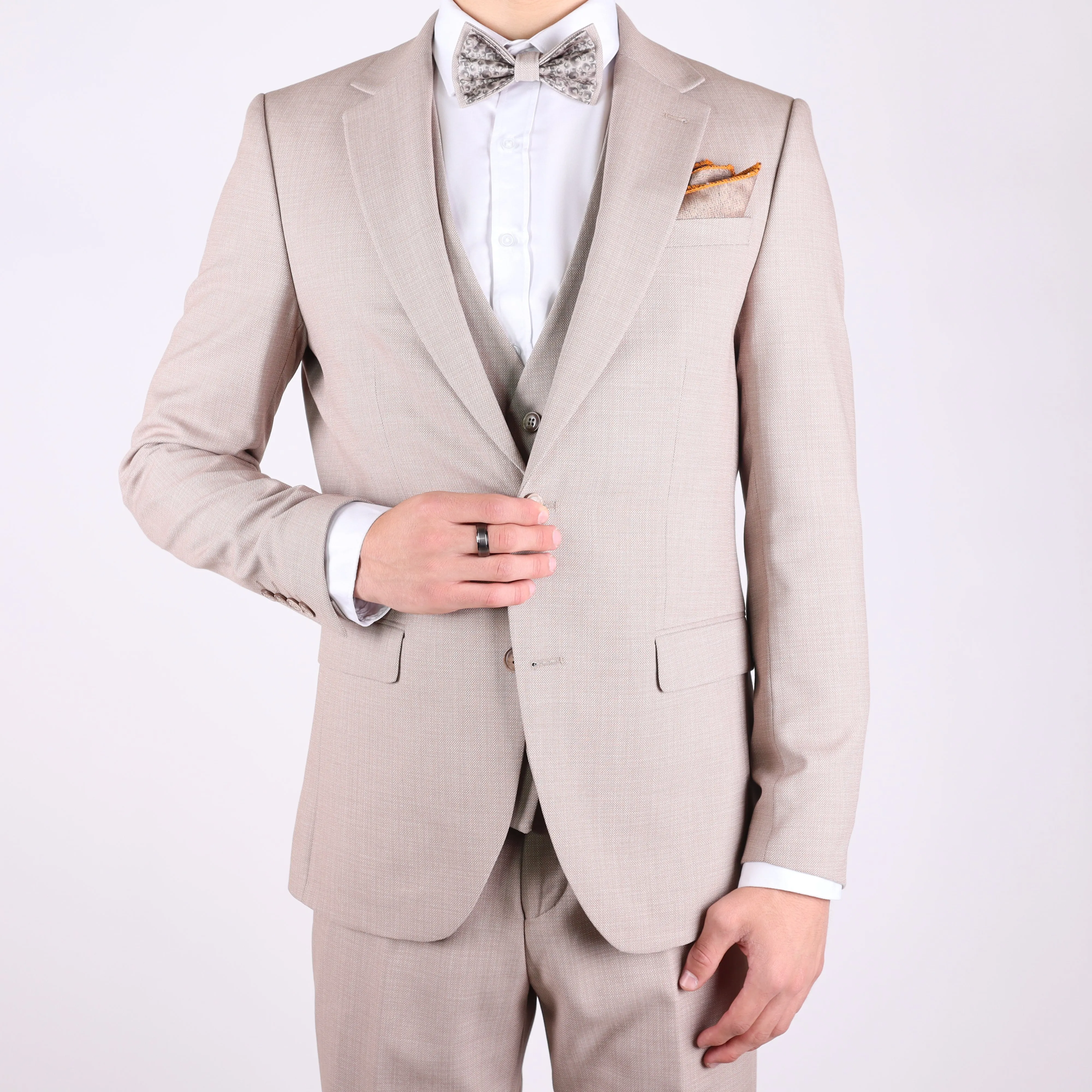 Beige Avanti Milano Patterned Notch Lapel Three Piece Suit