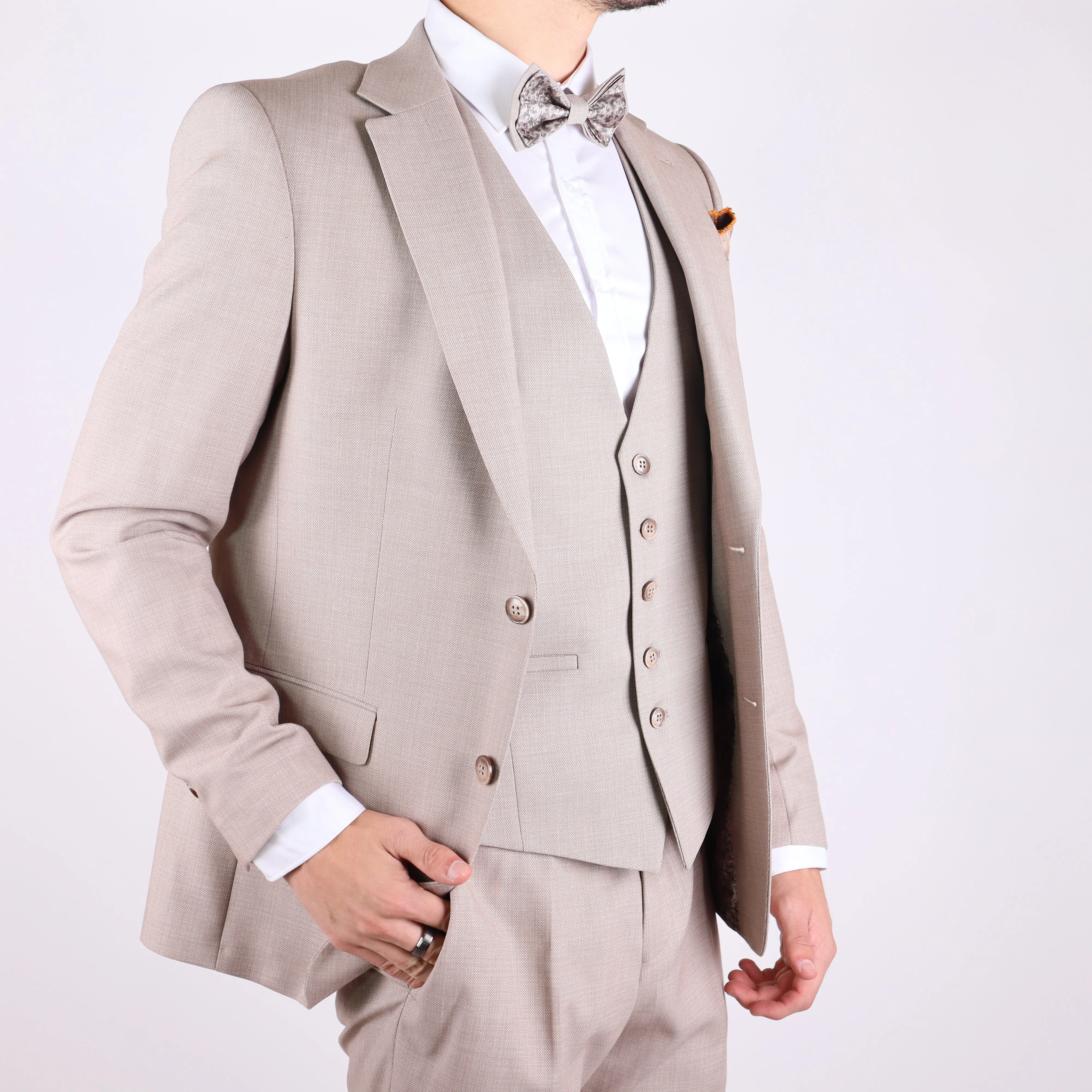 Beige Avanti Milano Patterned Notch Lapel Three Piece Suit