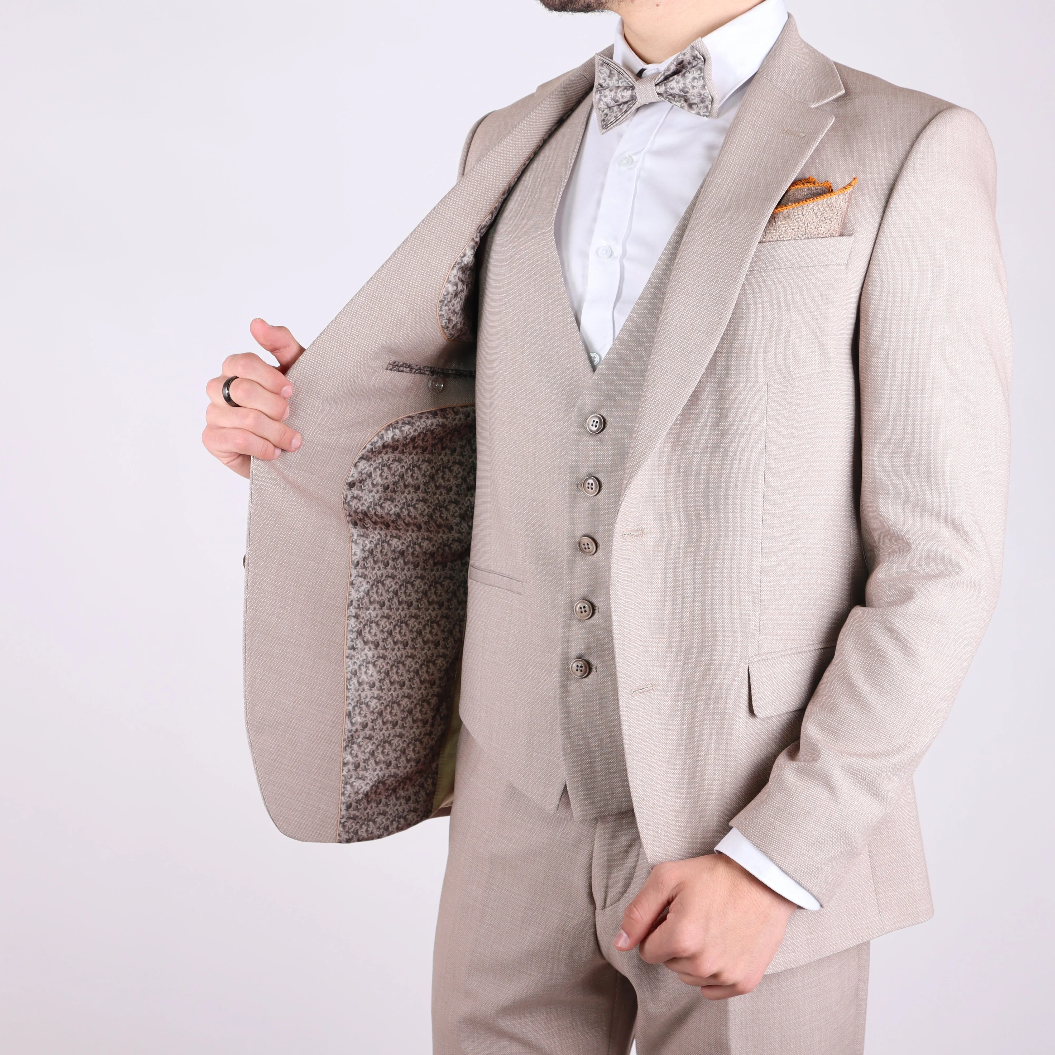 Beige Avanti Milano Patterned Notch Lapel Three Piece Suit