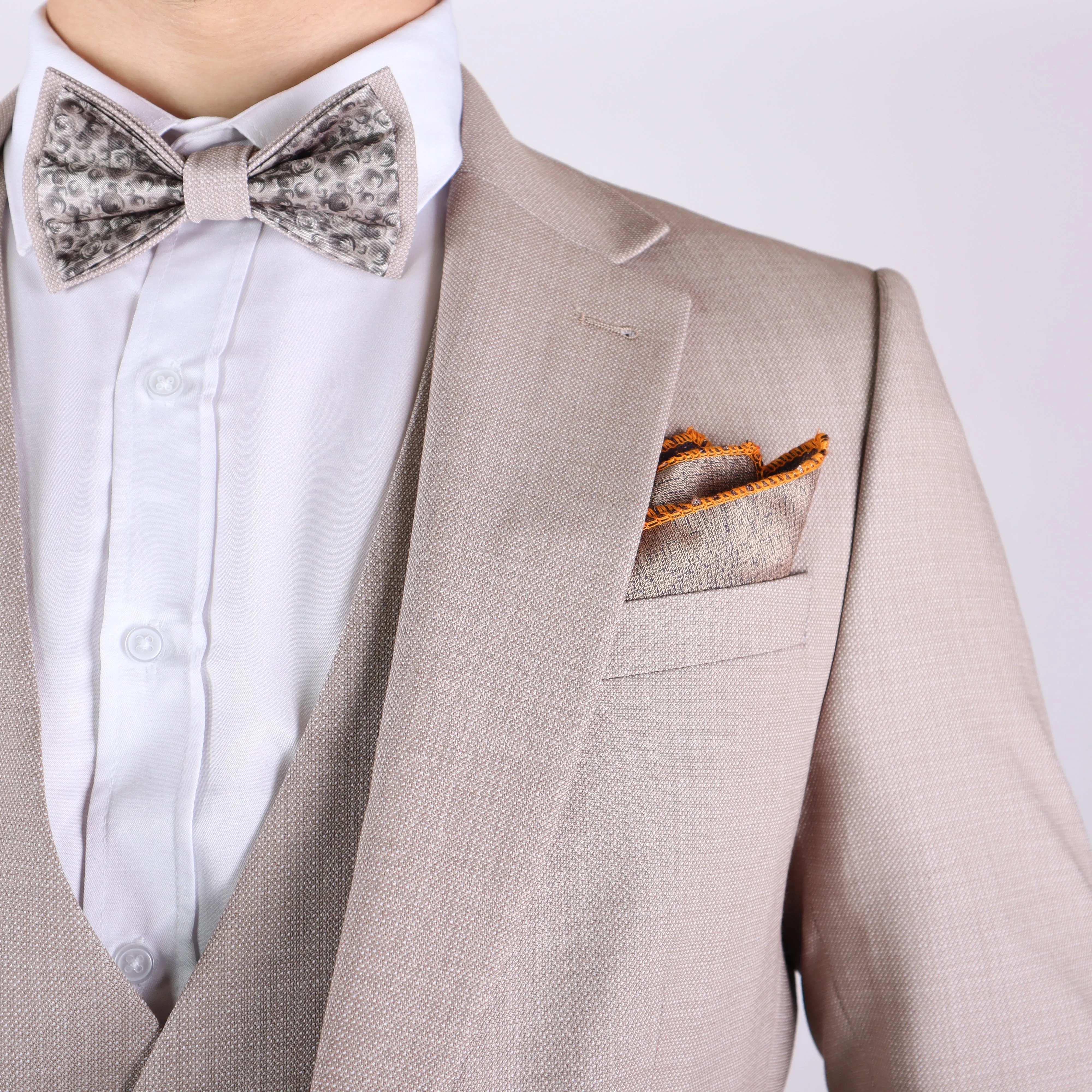 Beige Avanti Milano Patterned Notch Lapel Three Piece Suit