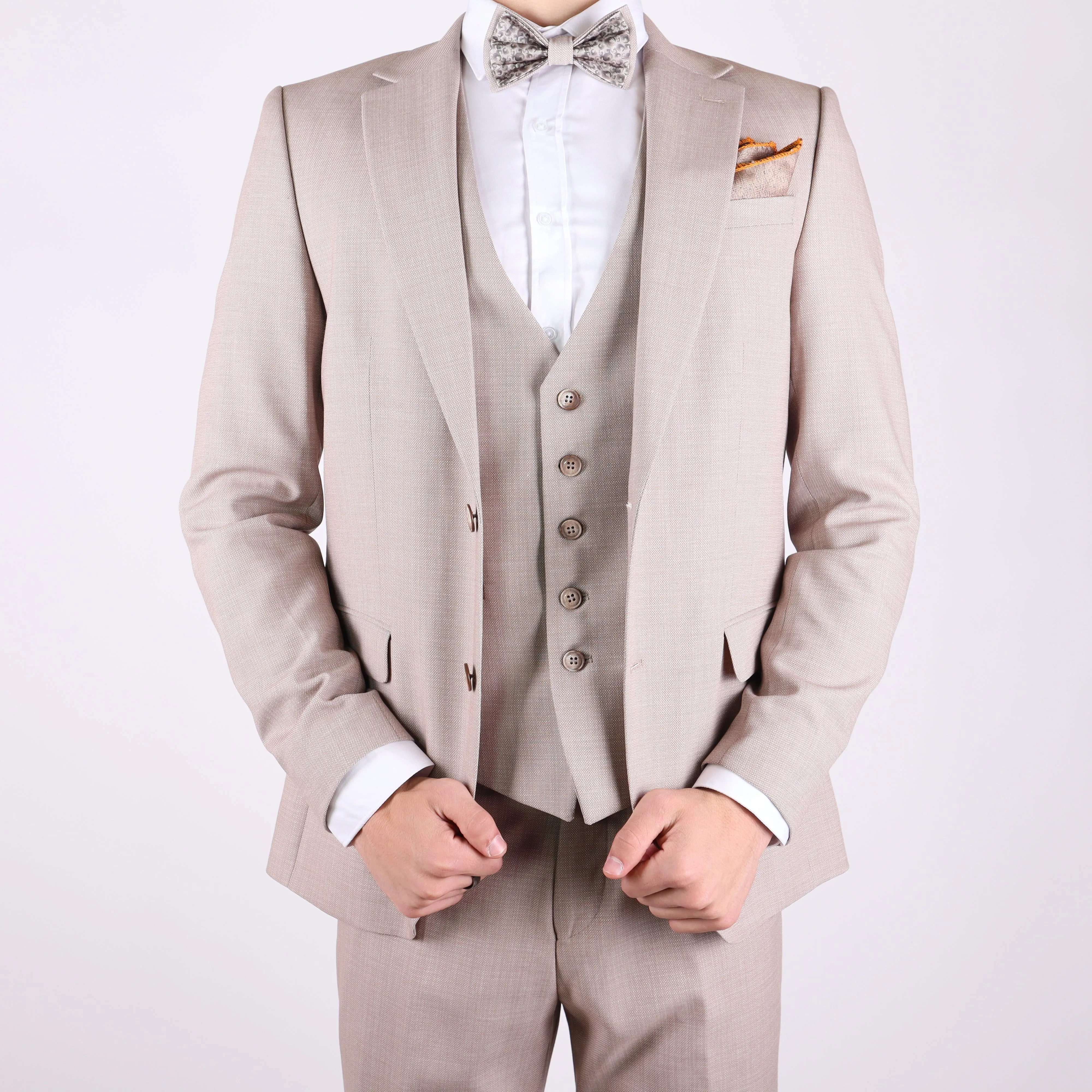 Beige Avanti Milano Patterned Notch Lapel Three Piece Suit