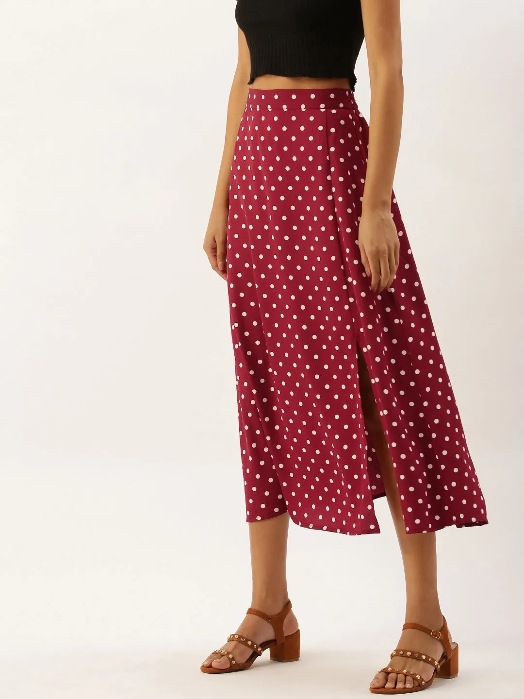 Berrylush Women Red & White Polka Dot Printed Midi Skirt