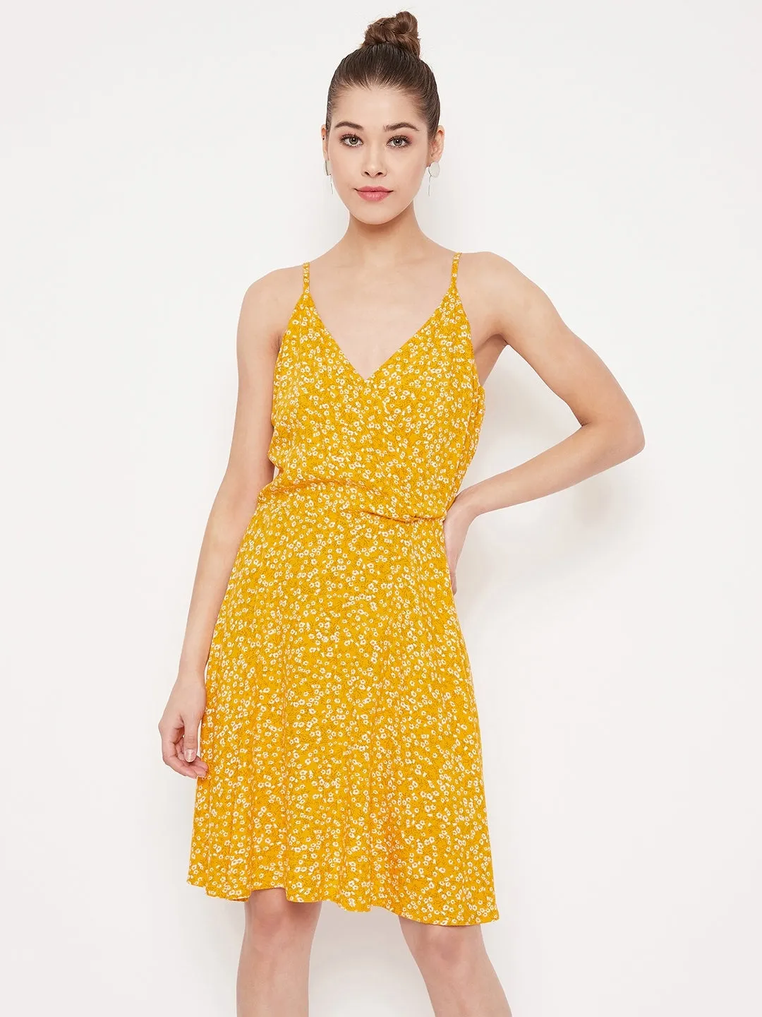 Berrylush Women Yellow & White Floral Printed V-Neck Fit & Flare Mini Dress