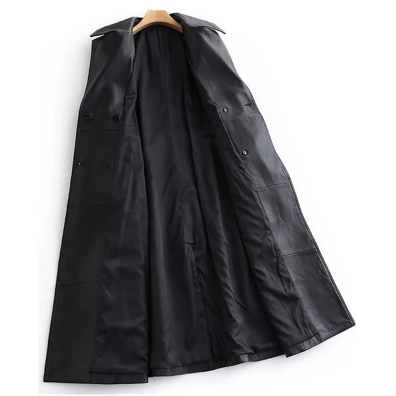 Black Lapel Leather Trench Coat For Women