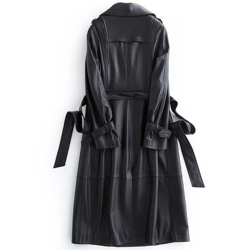 Black Lapel Leather Trench Coat For Women