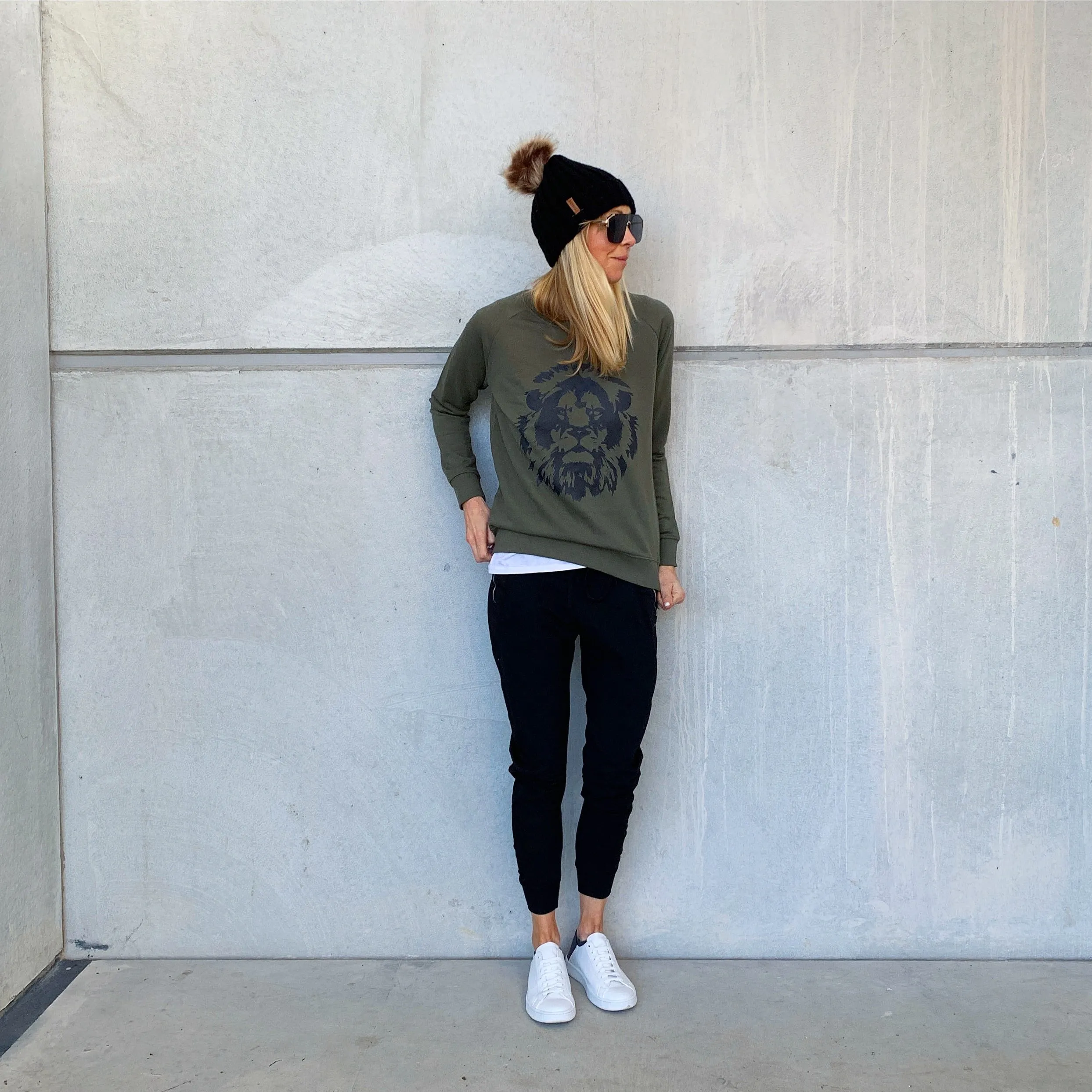 Black lion on khaki sweatshirt *unisex fit*