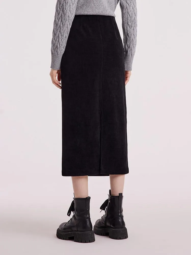 Black Straight Knitted Slit Women Skirt