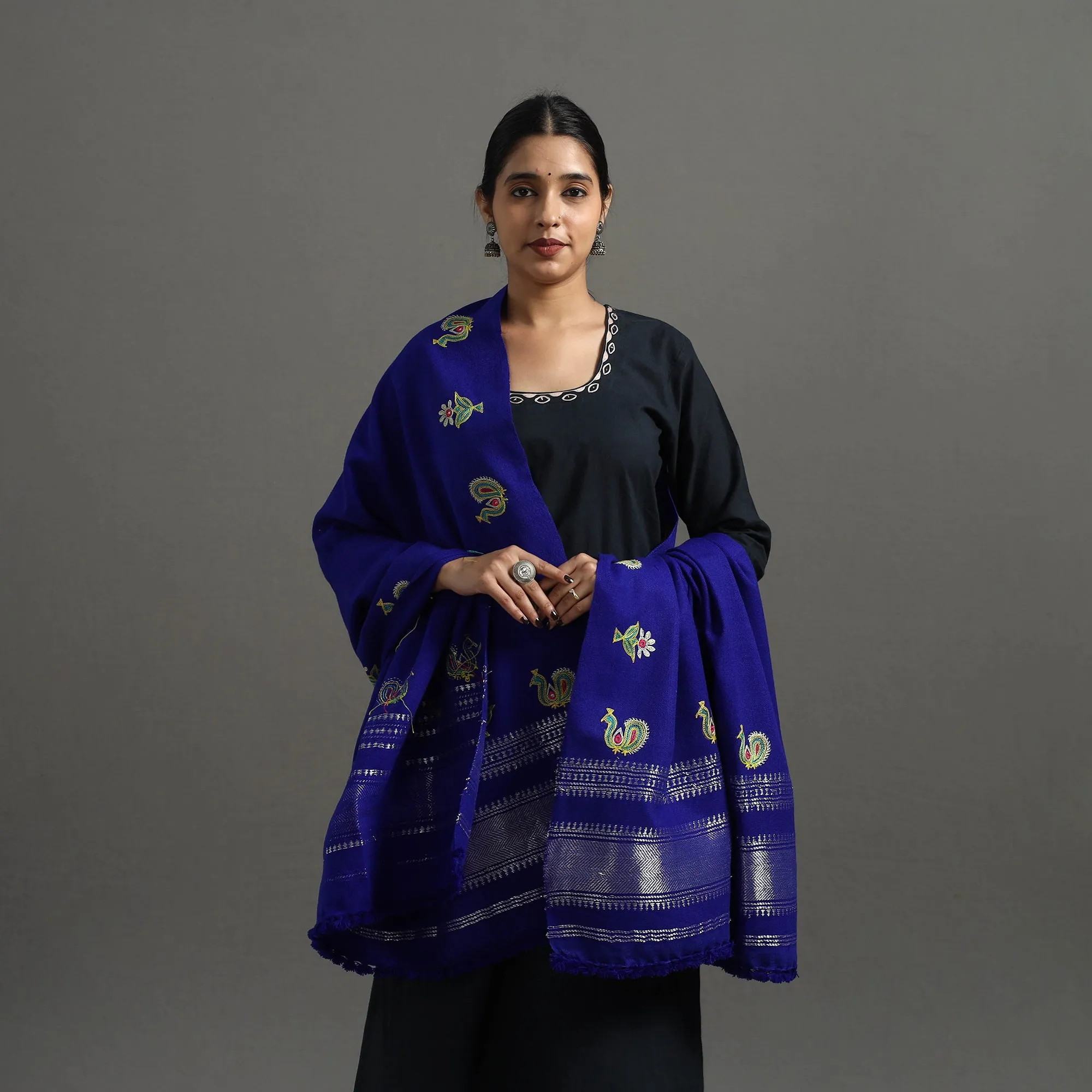 Blue - Kutch Ahir Hand Embroidery Woollen Shawl 42