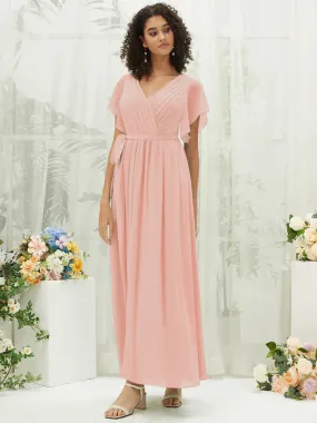 Blush Short Sleeves Floor Length Silky Chiffon Bridesmaid Dress