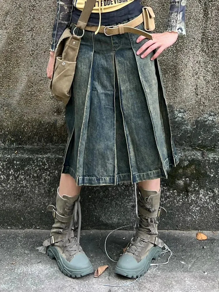 Bonnyshow Women 2000s Harajuku Fashion Jean Midi Skirt Denim Midi Pleated A-line Skirts Dark Academia Y2k Preppy Japanese Grunge Gyaru New