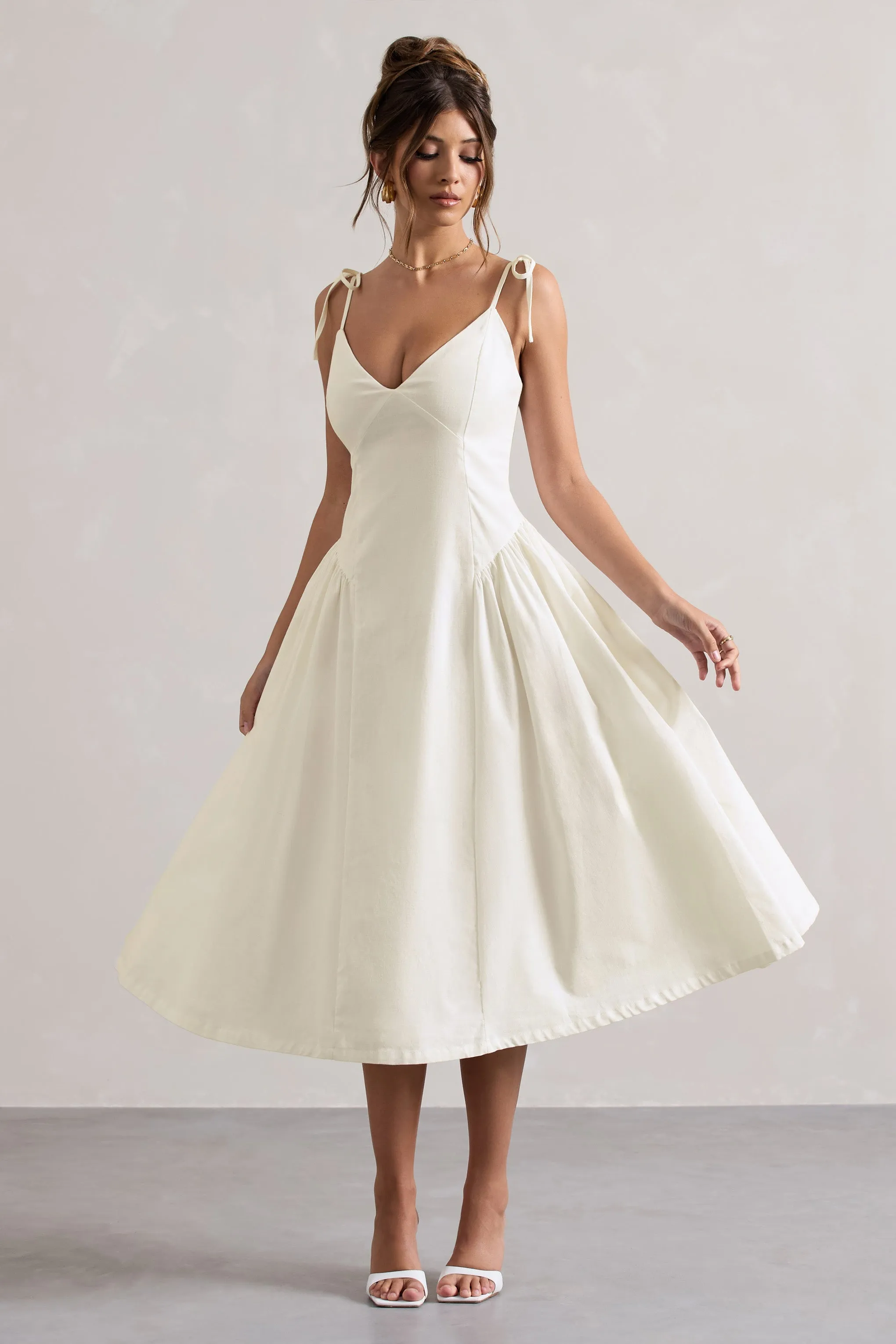 Breathless | Cream Linen Strappy V-Neck Pleated Midi Dress