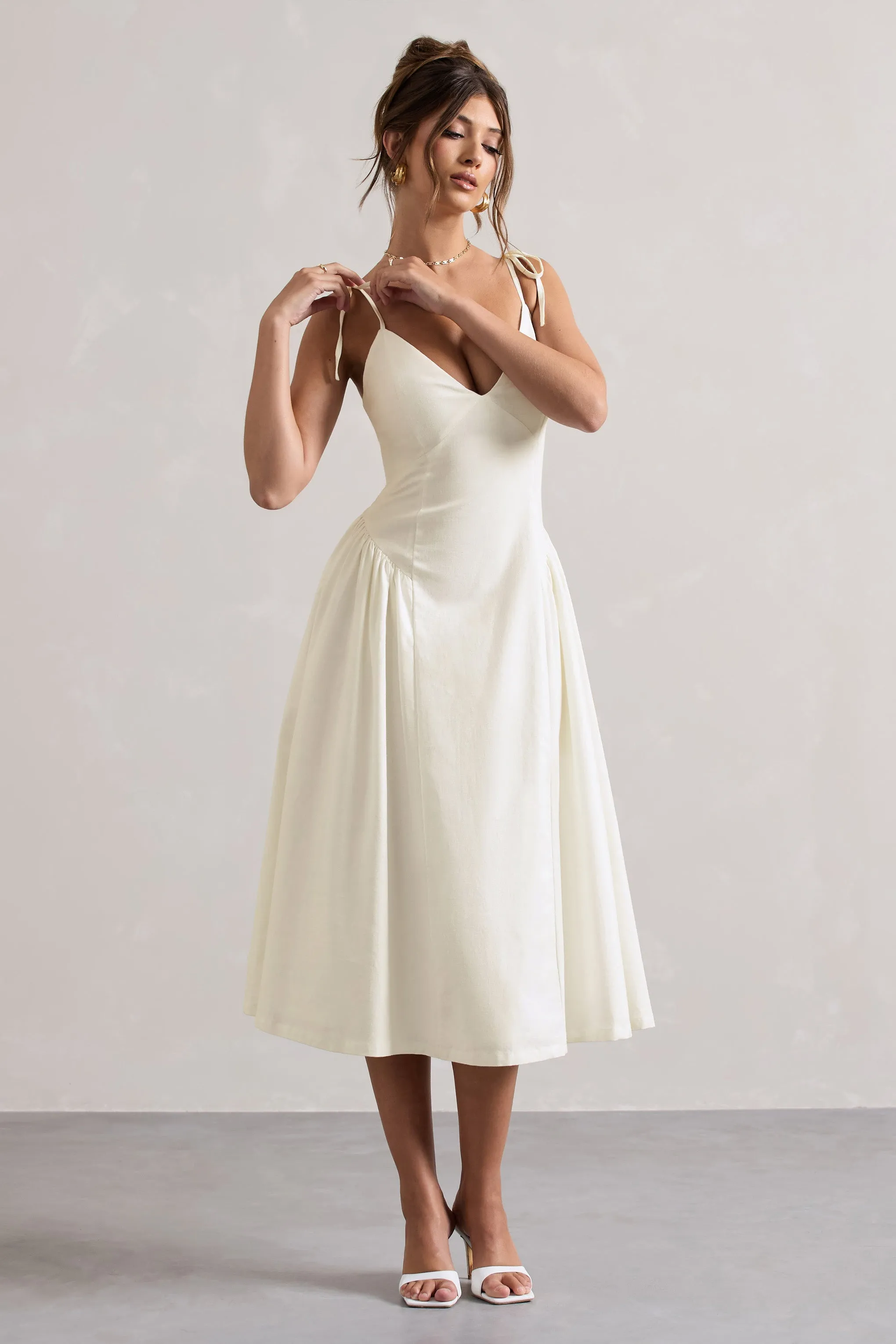 Breathless | Cream Linen Strappy V-Neck Pleated Midi Dress