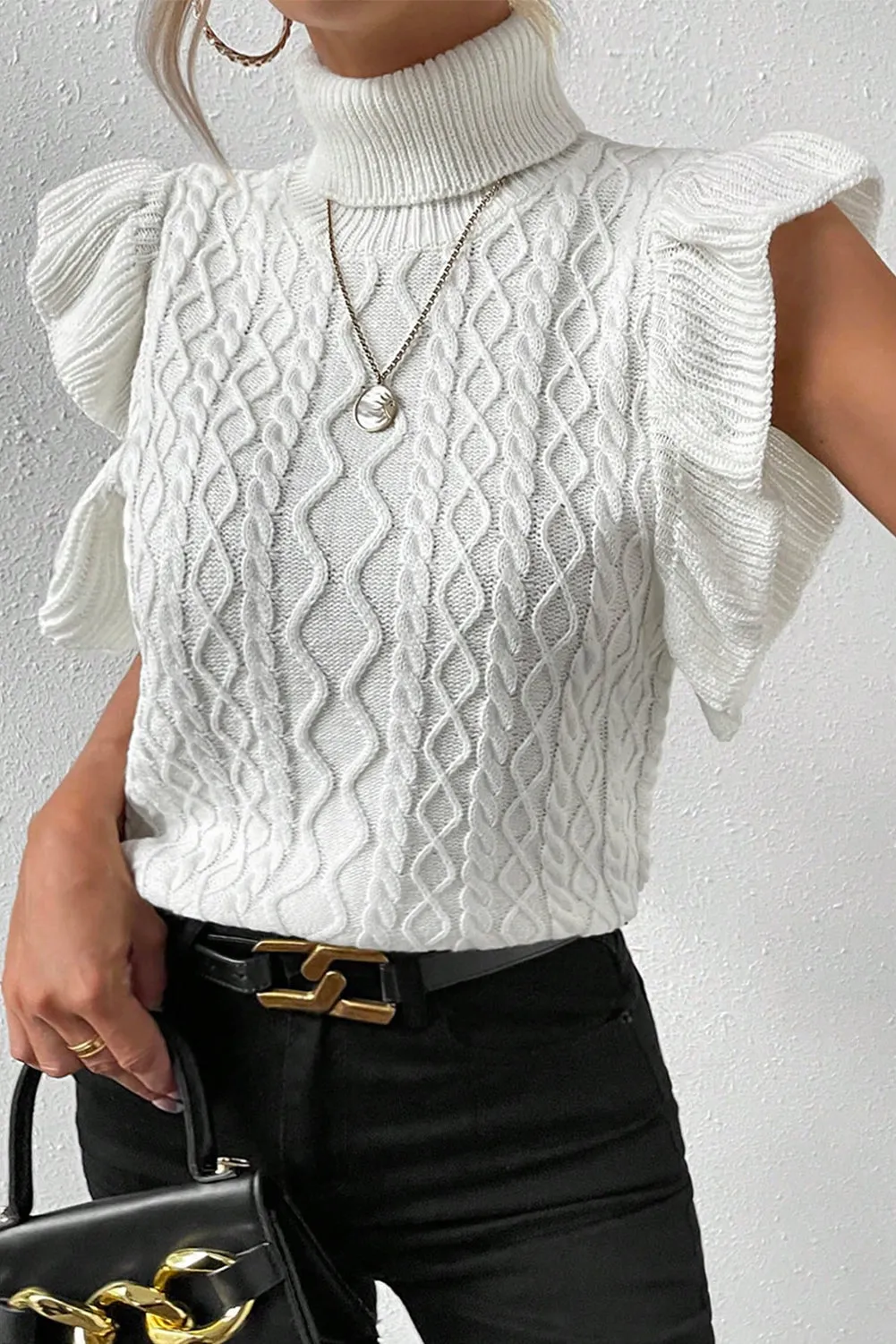 Cable Flutter Sleeve Turtleneck Sweater