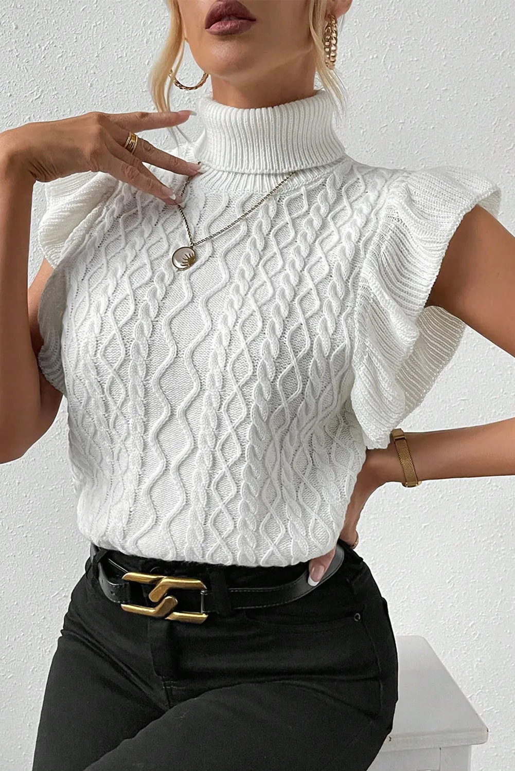 Cable Flutter Sleeve Turtleneck Sweater