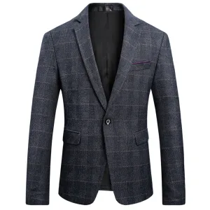 Casual Blazer Slim Fit Plaid Dark Blue Blazer