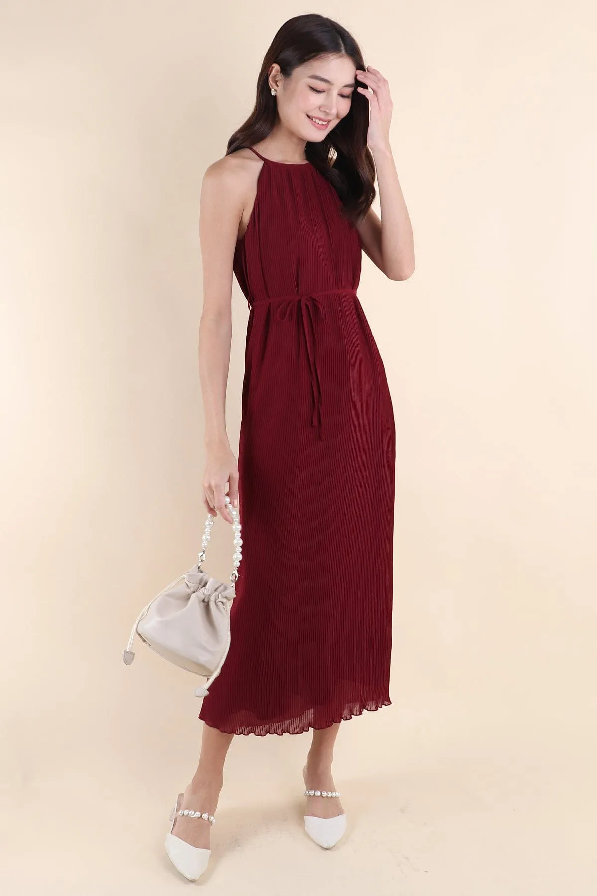 CELIA PLEATED MAXI IN BURGUNDY RED