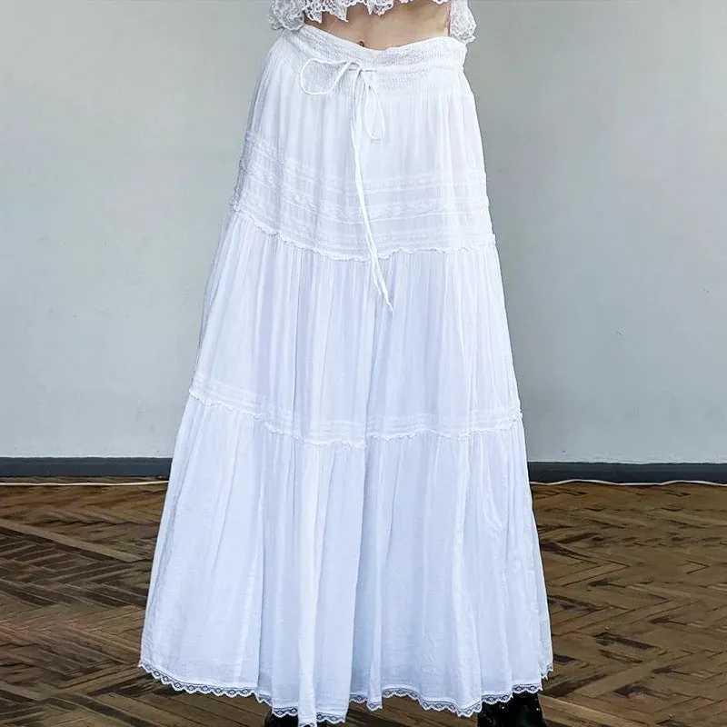 Chic Boho Vacation White Maxi Skirt Loose Low Waist Fashion Lace Trim Folds Female Skirt Long Tie Up Fairycore Bottom