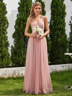 Chic Lace Sheer Back and Cross Straps V-Neck Sleeveless Bridesmaid Dress