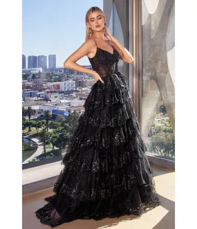 Cinderella Divine Black Sparkle Tiered Prom Dress