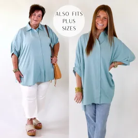 City Lifestyle Button Up Half Sleeve Poncho Top in Seafoam Blue