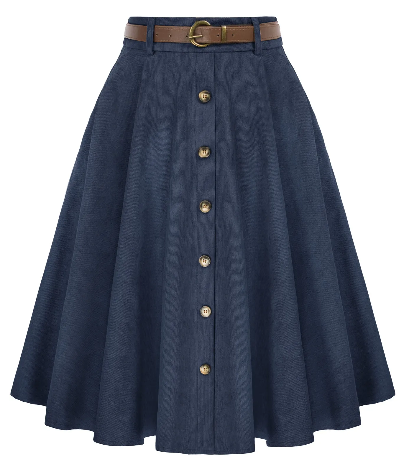 Corduroy Skirt with Belt Elastic High Waist Mid-Calf Swing Skirt