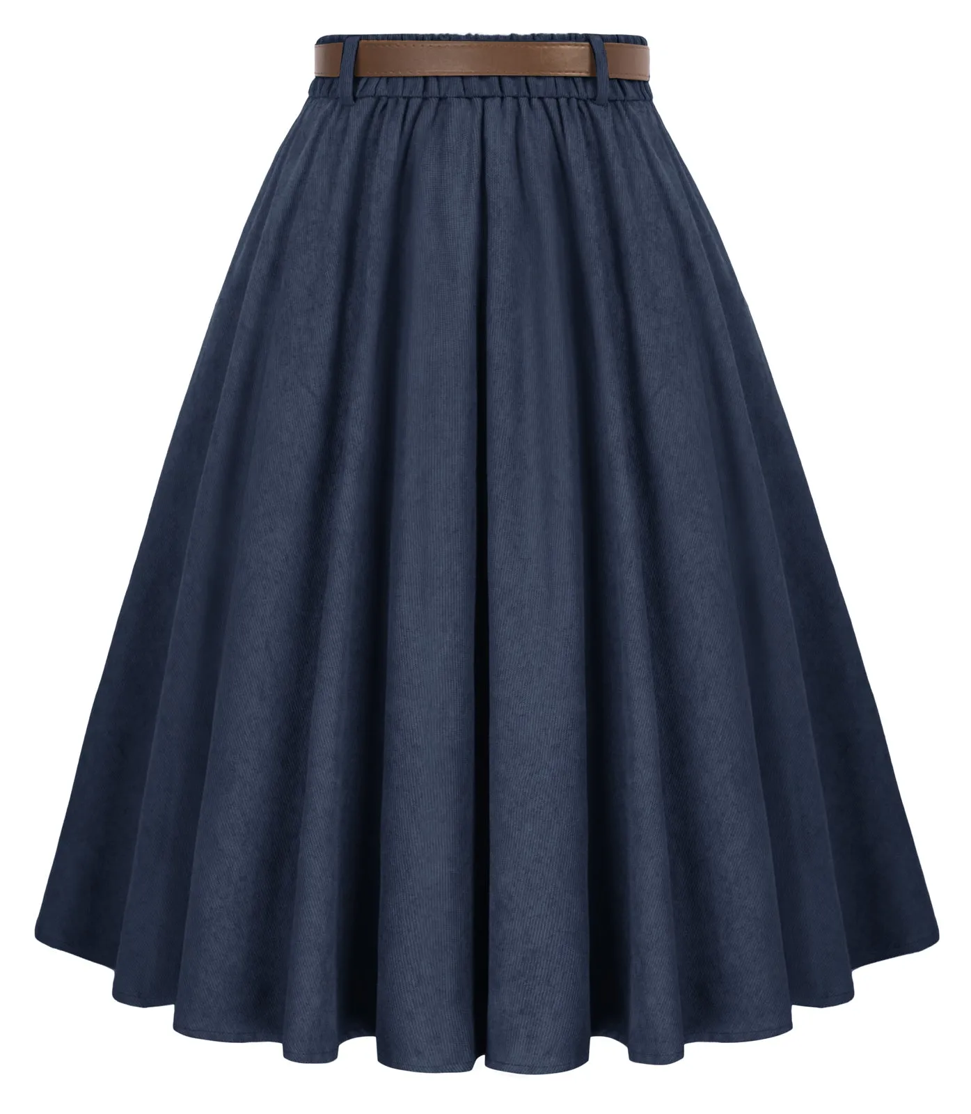 Corduroy Skirt with Belt Elastic High Waist Mid-Calf Swing Skirt