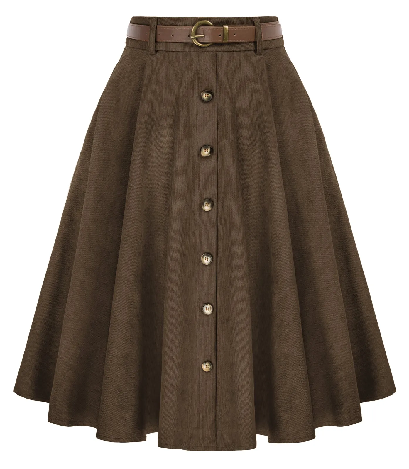 Corduroy Skirt with Belt Elastic High Waist Mid-Calf Swing Skirt