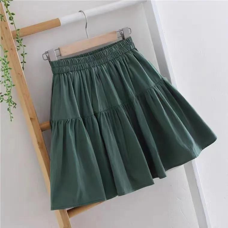 Cotton and linen mini skirt, summer, high waist A-line pleated skirt, flounce spliced skirt  3581