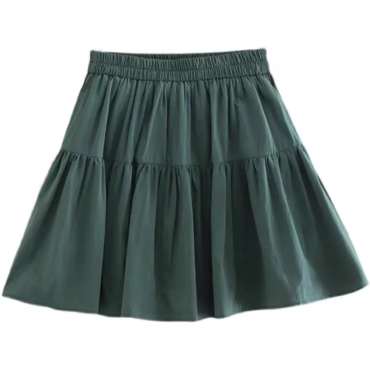 Cotton and linen mini skirt, summer, high waist A-line pleated skirt, flounce spliced skirt  3581